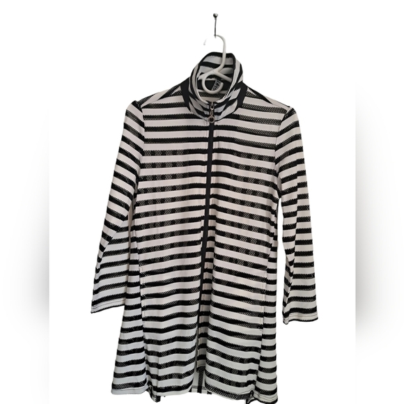 BEREK black white stripe bathing suit coverup zip front shirt coastal fishnet SM - Picture 6 of 7